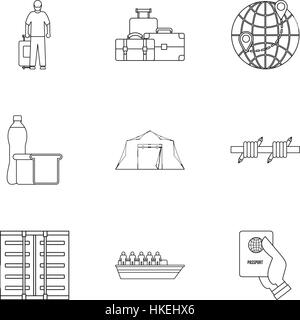 People refugees icons set. Outline illustration of 9 people refugees vector icons for web Stock Vector