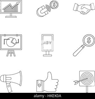 Contextual advertising icons set. Outline illustration of 9 contextual advertising vector icons for web Stock Vector