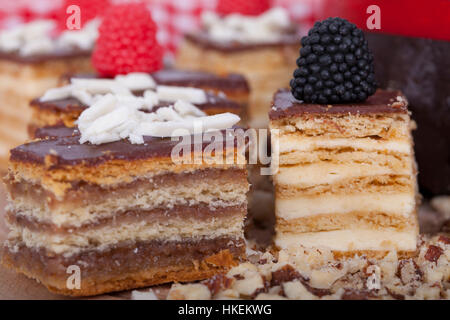 Very tasty chocolate cake on a wooden base, selective focus and small depth of field Stock Photo