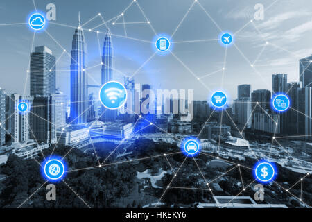 Smart city and wireless communication network, business district with office building, abstract image visual, internet of things concept Stock Photo