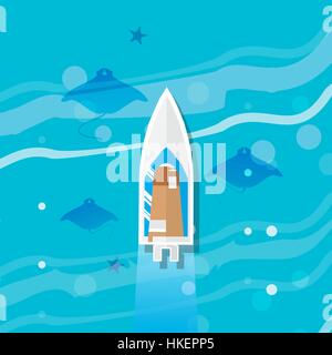 Ocean underwater life - devil fish ray family with top view yacht. Summer vacation, time to travel, holidays and tourism . Vector illustration Stock Vector