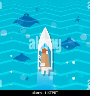 Ocean underwater life - devil fish ray family with top view yacht. Summer vacation, time to travel, holidays and tourism . Vector illustration Stock Vector