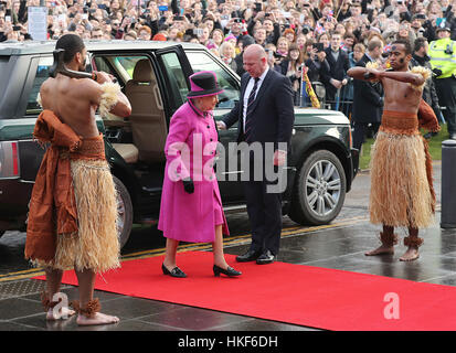 Queen Elizabeth II arrives at the Fiji Exhibition at the Sainsbury Centre for Visual Arts at the University of East Anglia, Norwich. Stock Photo