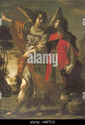 This artwork depicts the biblical scene of Tobie and the Archangel ...