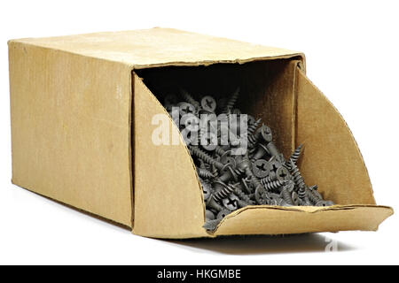 phosphated drywall screws in a cardboard container isolated on white background Stock Photo