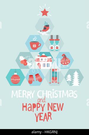 Christmas Greeting Card. Merry Christmas and Happy New year lettering. Abstract new year tree. Winter icons set. Vector illustration. Stock Vector