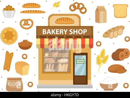 Bakery set icons with bread shop building, roll, loaf, cakes, bagels, . Isolated on white background. Vector illustration Stock Vector