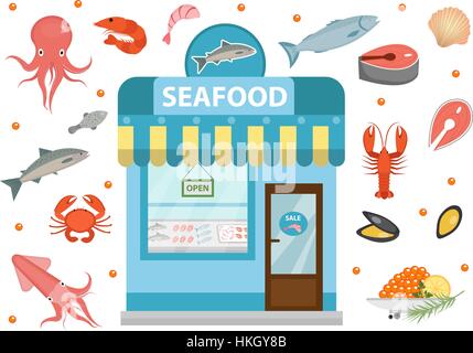 Seafood icons set with  shop building, fish, octopus, squid, shrimp, crab. Isolated on white background. Vector illustration Stock Vector