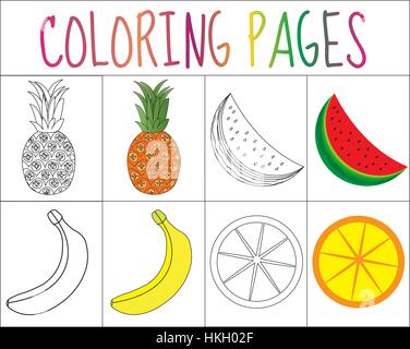 Coloring book, page set. Fruits collection. Sketch and color version.  for kids. Childrens education. Vector illustration Stock Vector