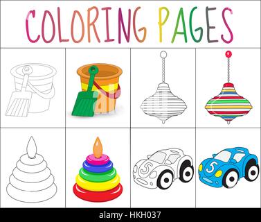 Coloring book page set. Toys collection. Sketch and color version.  for kids. Childrens education. Vector illustration Stock Vector