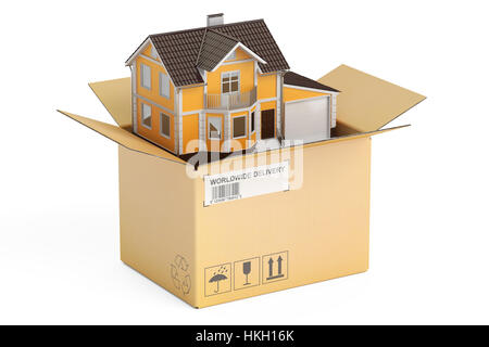 Household moving services concept. Parcel with house, 3D rendering isolated on white background Stock Photo