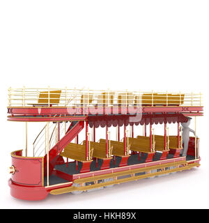 Figure of old-fashioned double-decker red tram with faceless 3D man driver resting standing at back door, isolated on white background Stock Photo