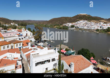 View over Alcoutim and Spanish village of Sanlucar de Guadiana on Rio Guadiana river, Alcoutim, Algarve, Portugal, Europe Stock Photo