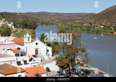 View over whitewashed village of Alcoutim on Rio Guadiana river, Alcoutim, Algarve, Portugal, Europe Stock Photo
