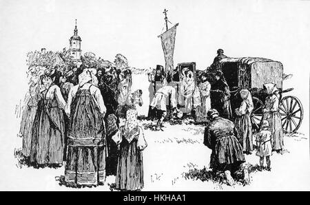 RUSSIAN PEASANTS gather for an open air service with a portable Icon about 1890 Stock Photo
