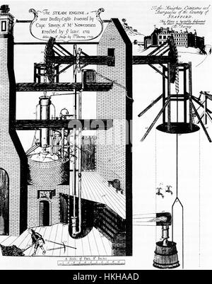 THOMAS NEWCOMEN (1664-1729) English inventor. Together with Thomas Savery he designed a steam engine shown here installed at Dudley Castle, West Midlands, in 1712 Stock Photo