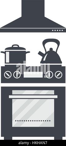 vector icon of kitchen electric oven with soup pan, kettle and a hood Stock Vector