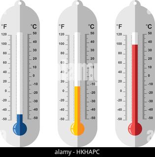 vector set of flat thermometer icons at different levels with fahrenheit and celsius scale Stock Vector