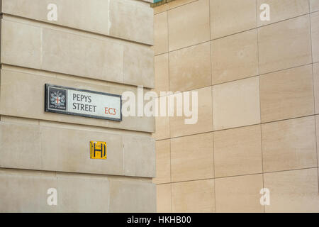 Street sign for 'Pepys Street' in the City of London, EC3. Stock Photo
