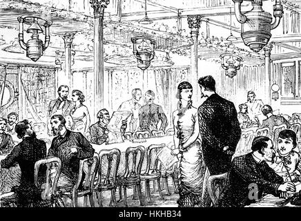 1879: Passengers in the saloon of the Cunard SS 'Scythia' making the Atlantic crossing from Liverpool, England to New York, USA. Stock Photo