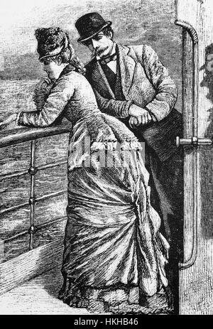 1879: A couple talking on the deck of the Cunard SS 'Scythia' as it crosses the Atlantic Ocean en route for 1New York; USA. Stock Photo