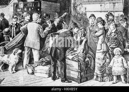 1879: The luggage of passengers arriving at New York, USA, on board the Cunard SS 'Scythia' is examined by Custom House Officers. Stock Photo