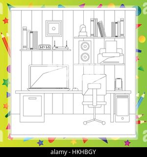 Vector illustration of modern workplace in room. Creative office workspace with equipment, elements, objects Coloring book Stock Vector