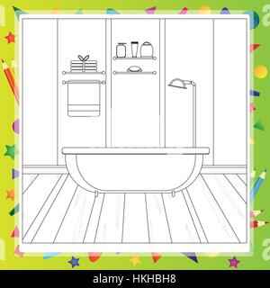 Bathroom interior. Preparations for bathing. Coloring book. Editable vector illustration Stock Vector