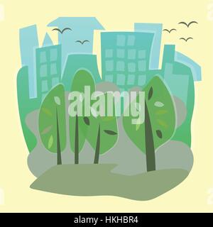 Vector illustration of a beautiful summer city park with town building background. Stock Vector