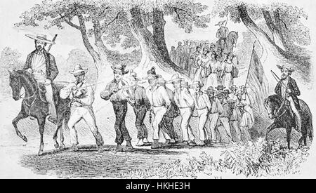 An etching depicting a group of slaves being marched while they are bound together with chains, they are being led by white men on horses who carry guns and whips, two men at the front of the group are playing violins and a slave is being forced to carry an American flag, behind the group of men is a group of slave women who are handcuffed in pairs and chained to each other, the group of slaves was being lead by Edward Stone who was a famous slave trader, he and his workers were eventually beaten to death by a group of slaves who mutinied, Kentucky, 1940. From the New York Public Library. Stock Photo