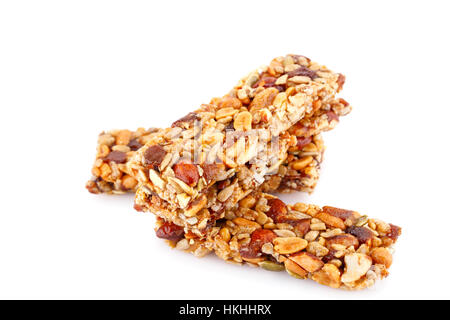 Cereal bars with different nuts isolated on white background. Stock Photo