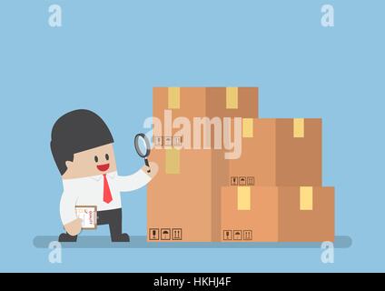 Businessman checking parcel box by magnifying glass, products quality control or QC concept Stock Vector