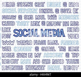 Hand Written Social Media Words, Tags, and Labels on Squared Paper Stock Vector