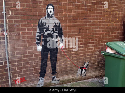Boy walking dog stencil,Glasgow Queen St, Scotland