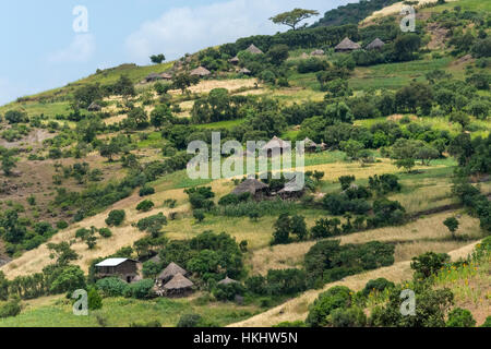 Traditional house with thatched roof and farmland in the mountain, Lalibela, Ethiopia Stock Photo