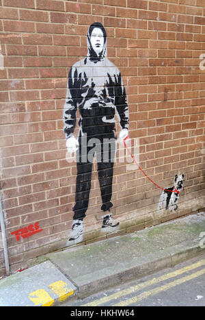 Boy walking his dog stencil, Queen Street, Glasgow, Scotland, UK, G1 3DD Stock Photo