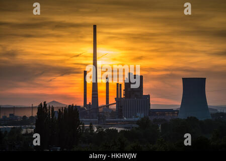 Thermal coal power plant at sunset with river Elbe, Melnik, Central Bohemia, Czech Republic, Europe Stock Photo
