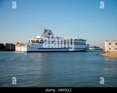 A Brittany ferries car ferry, Cap Finistère, enters Portsmouth Harbour from the Solent, Hampshire England Stock Photo