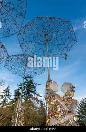Lovers Locks sculpture called "Love in the Rain", Queen Elizabeth Park, Vancouver, British Columbia, Canada. Stock Photo