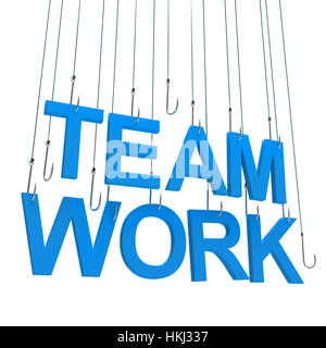 Text "Team Work"  hanging on a fishing hook. Isolated over white Stock Photo