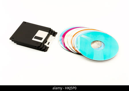 On a white background are 1.44-inch floppy disk to the computer and CD CD / DVD drives Stock Photo
