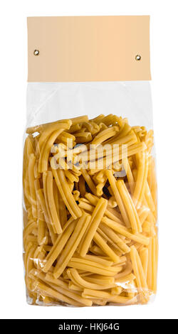 Transparent plastic pasta packet with beige paper label isolated on white background. Copy space. Stock Photo