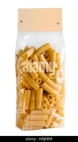 Transparent plastic bag with paper label fill with pasta isolated on white background Stock Photo