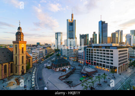 Frankfurt am Main: View from the Galeria Kaufhof to the city center with the high-rise buildings of the banks, the head guard and the Katharinenkirche Stock Photo