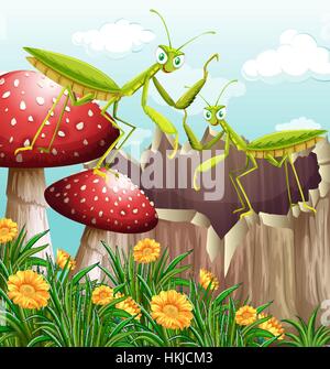 Grasshoppers on wooden log illustration Stock Vector