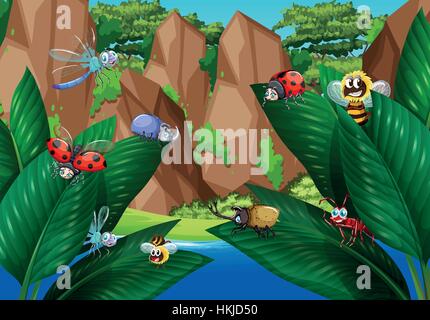 Many bugs on green leaves illustration Stock Vector