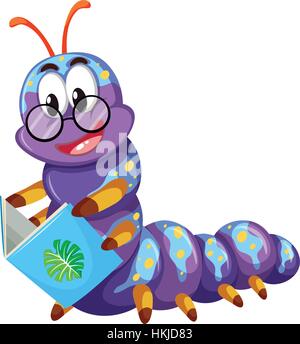 Purple caterpillar reading book illustration Stock Vector