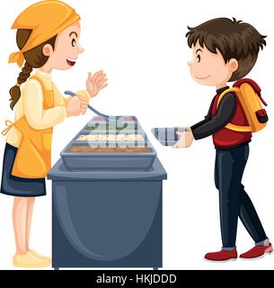 Boy getting food in the canteen illustration Stock Vector