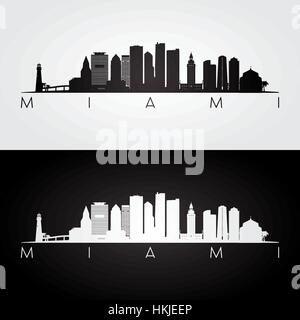 Miami USA skyline and landmarks silhouette, black and white design, vector illustration. Stock Vector