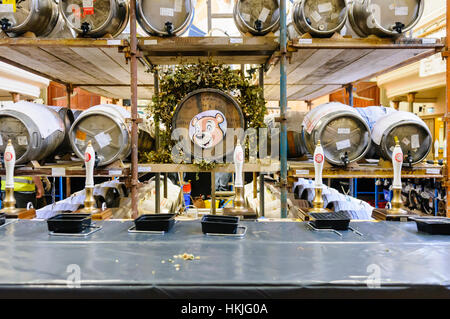 Beer kegs and pumps at a Campaign for Real Ale festival. Stock Photo